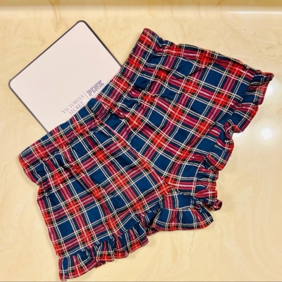 PINK VICTORIA'S SECRET Flannel Pajama Shorts Navy, Red & Silver Plaid Preppy XL - Picture 6 of 13